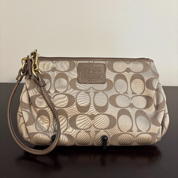 Coach Handbags - Coach Signature Khaki Gold Brown Large Wristlet